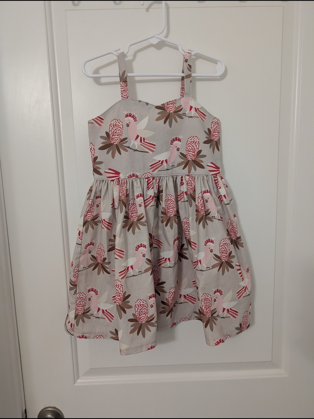 Handmade Girls Pink and Brown Cockatoo Print Sundress With Bow Size 6